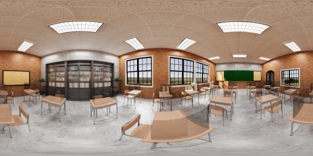 新常态教室和桌椅间距，防止新冠病毒(COVID-19)的传播。空教室是为了教和学。3 d渲染室内。图片下载