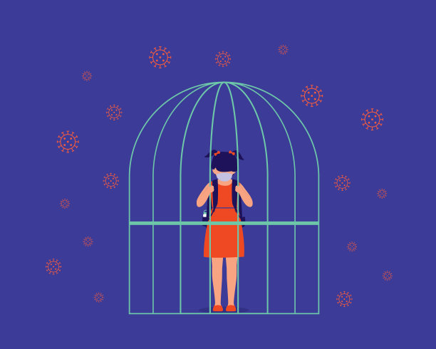 Covid-19大流行期间的儿童权利危机概念。被困在监狱笼子里带着面具的悲伤女学生。图片下载