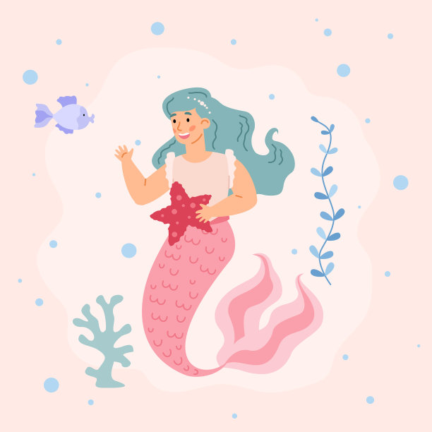 可爱的美人鱼长着蓝色的头发，蓝色的鱼图片下载