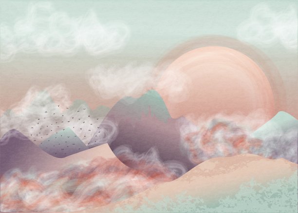 这是一幅精致的彩笔画，画中有云和月亮图片下载