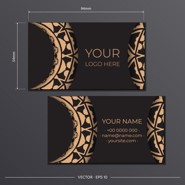 黑色名片模板。装饰名片饰品，东方图案，插图图片下载