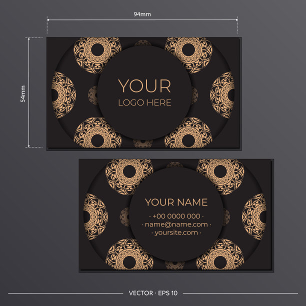 黑色名片模板。装饰名片饰品，东方图案，插图图片下载