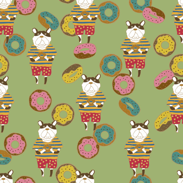 牛头犬和甜甜圈的完美组合。纺织。墙纸和包装纸设计。图片下载