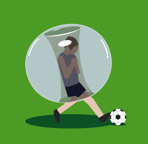 泡泡里的男孩在草地上踢足球。男孩穿着充气球服踢足球。图片下载