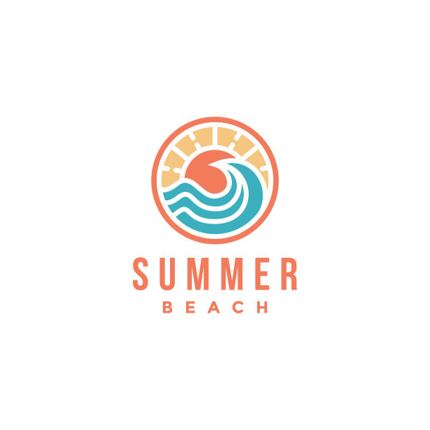 抽象夏日沙滩阳光和蓝色波浪的标志图标图片下载