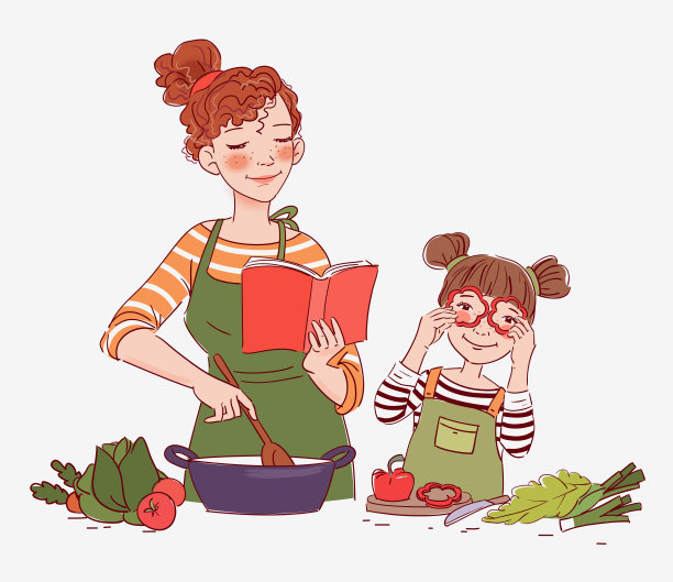 母亲和她的小女儿在厨房里准备食物。幸福家庭快乐图片下载