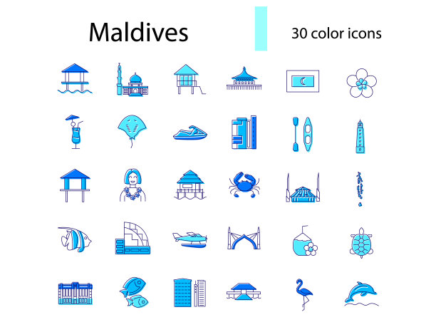 马尔代夫文化轮廓图标集。奇异的旅游指南。热带度假胜地。孤立的矢量图图片下载
