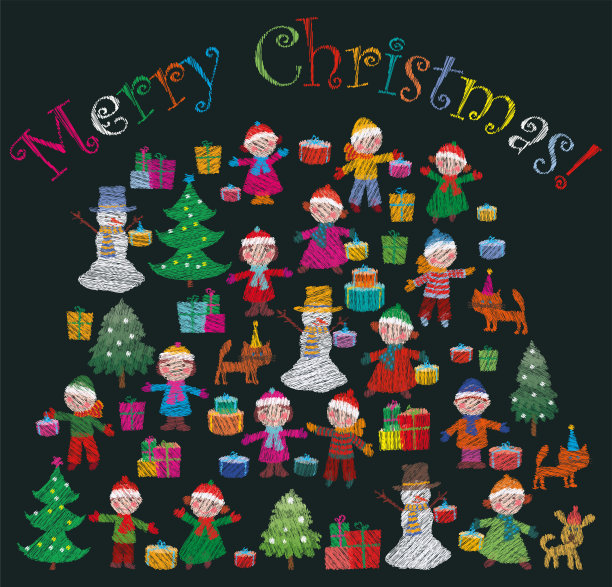 向量圣诞贺卡从涂鸦的愉快的孩子，雪人，礼物，冷杉树和宠物图片下载