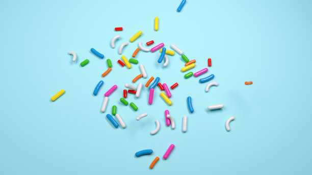 在蓝色背景上的彩色洒水，顶视图孤立的3d插图3d渲染图片下载