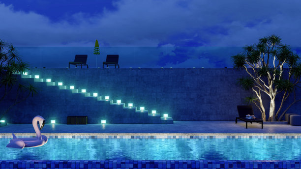 现代豪华别墅室外游泳池和躺椅夜间3d效果图图片下载