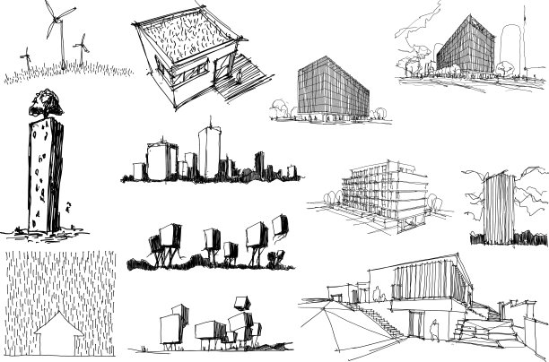 现代建筑的许多建筑草图图片下载