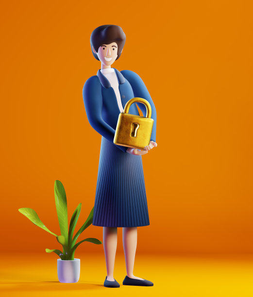 3 d渲染插图。女商人掌握着金锁。数据保护,安全。象征着帮助、支持、咨询和解决问题。图片下载
