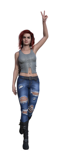 一幅画有一位染红头发的漂亮女人，穿着牛仔裤，望着远方，露出和平的手势。图片下载