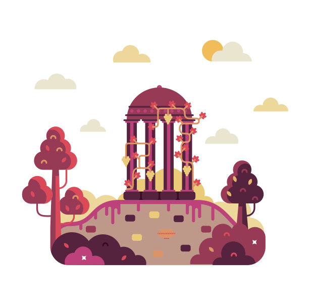 葡萄覆盖的Colonade屹立在一个古老文明的废墟上。矢量卡通插图平面设计。图片下载