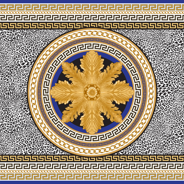 矢量无缝地毯边印上豹皮图案的背景。黄金古典希腊蜿蜒frieze，巴洛克金链框架，深蓝色圆形玫瑰结。围巾、披肩、地毯图片下载