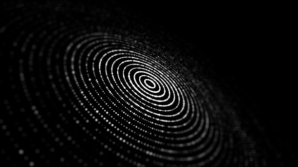 未来的波。黑暗的网络空间。抽象音乐声波与点。黑色背景上的白色移动粒子。3 d渲染。图片下载