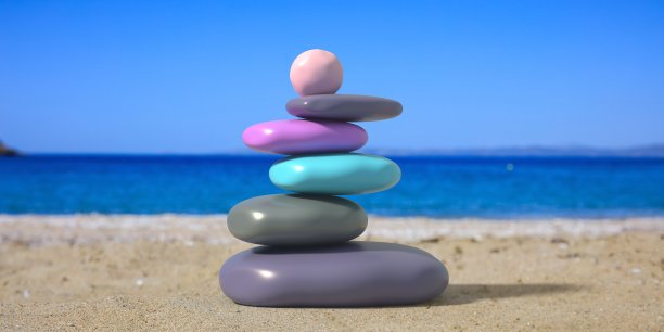 禅意的石头，光滑的鹅卵石金字塔堆叠平衡的沙滩背景。三维演示图片下载
