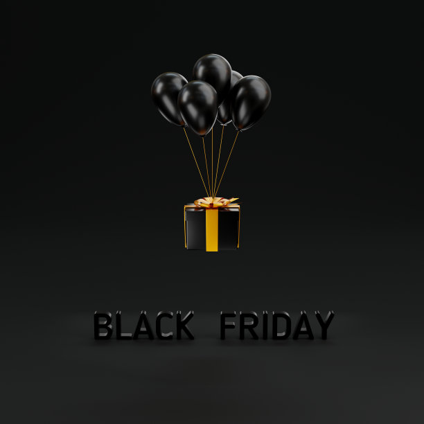 黑色星期五促销概念，礼品盒盖和飞气球与金色丝带图片下载
