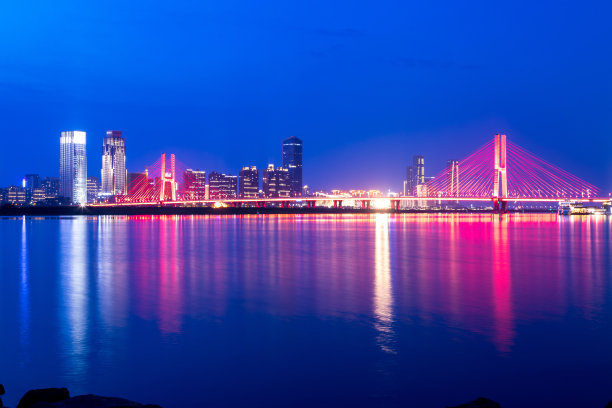 中国城市的夜景，河流的天际线图片下载