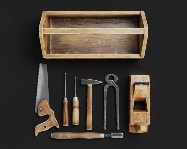 古董木木匠工具箱与工具。旧工具集的3D渲染图片下载