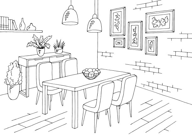 餐厅室内图形黑白草图插图向量图片下载