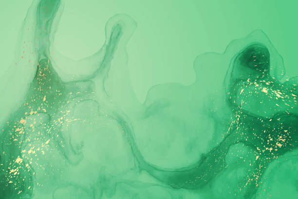 水彩背景与抽象的绿色墨水波浪和金色飞溅。图片下载