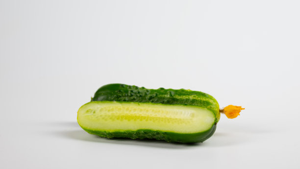 成熟的切片黄瓜与花朵在白色的背景图片下载