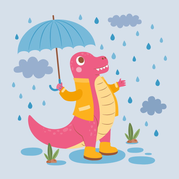 粉红恐龙，雷克斯霸王龙，雨中的雨衣和伞中的雷克斯霸王龙卡通，矢量，插图图片下载