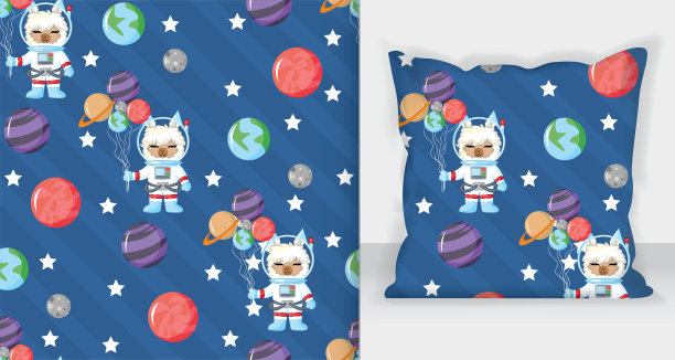 可爱的美洲驼宇航员在开放空间无缝模式与行星。矢量手绘插图。无缝模式。图片下载