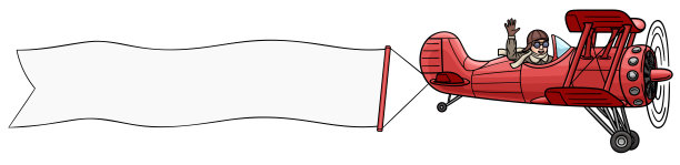 一架红色双翼飞机飞过天空，身后拖着一面旗帜。图片下载