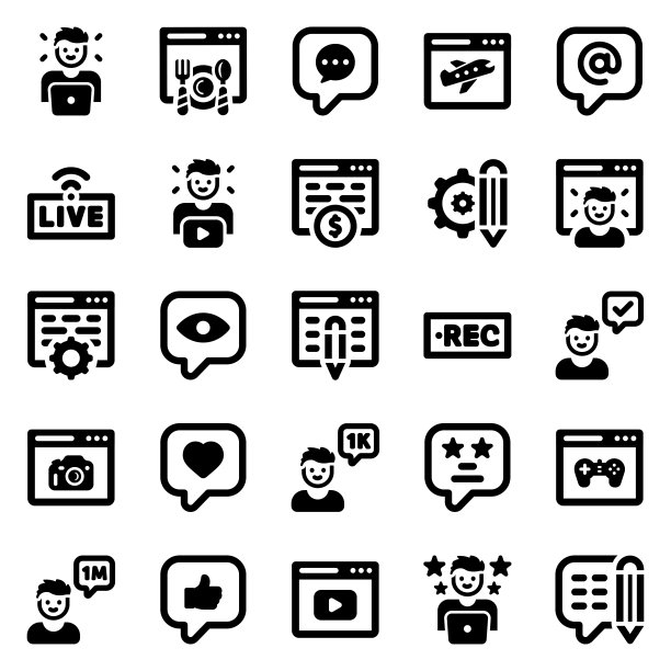 影响者图标集合矢量插图。博客，博客，博客，youtube, vlog, vlogger，图标。(黑系列)图片下载
