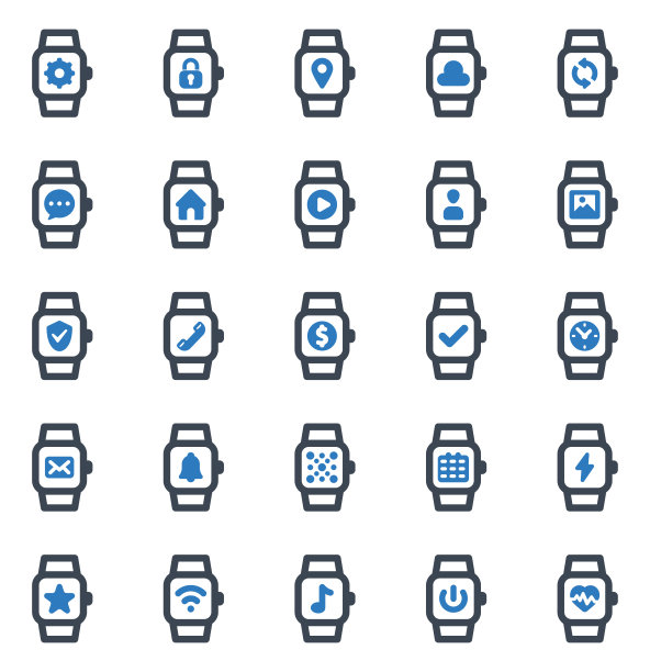 智能手表图标集矢量插图。智能手表，小玩意，设备，技术，图标。系列(蓝色)图片下载