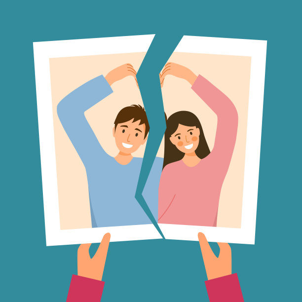 手拿着一对情侣在平面设计撕裂的照片。破碎的心的概念。爱很伤我的心。分手的恋人或离婚的婚姻。图片下载