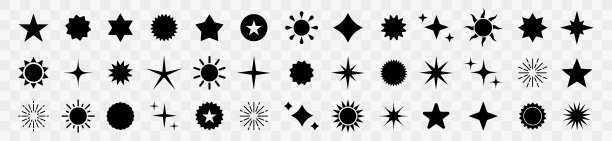星图标集。线条艺术收藏与黑色星星。明亮的恒星被隔离在透明的背景上。图片下载
