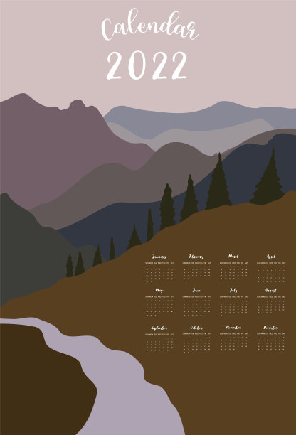 2022表日历周从周日开始，山和太阳使用垂直数字和可打印A4 A5尺寸图片下载