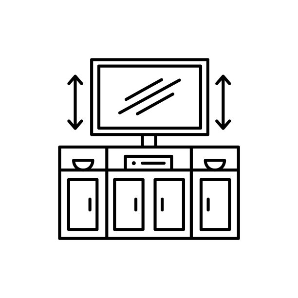 带有自动升降装置的电视支架。黑白矢量插图。现代媒体控制台。led电视柜线图标。客厅家具的象征。孤立的对象图片下载