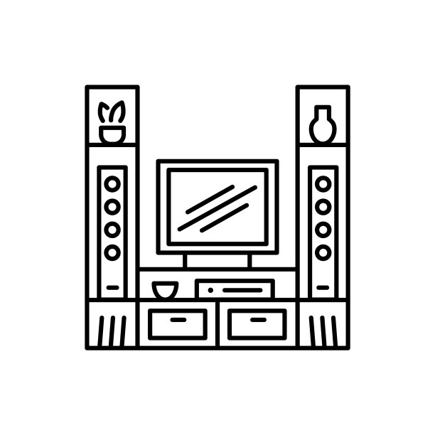 带音频塔的电视支架。娱乐中心。矢量插图。现代媒体控制台。led线图标，平板电视表。客厅家具。孤立的对象图片下载