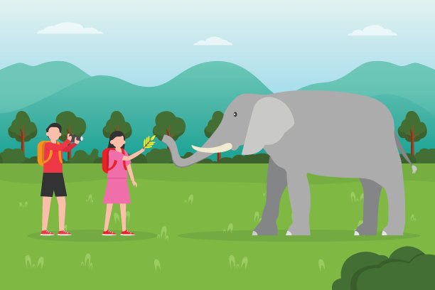 两个年轻人在热带稀树草原喂大象图片下载