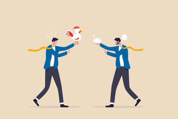 商业上的争论、冲突或分歧，浪费会议时间争论而没有结果，争论问题的概念，商人的同事争论或争论谁先有鸡还是蛋。图片下载