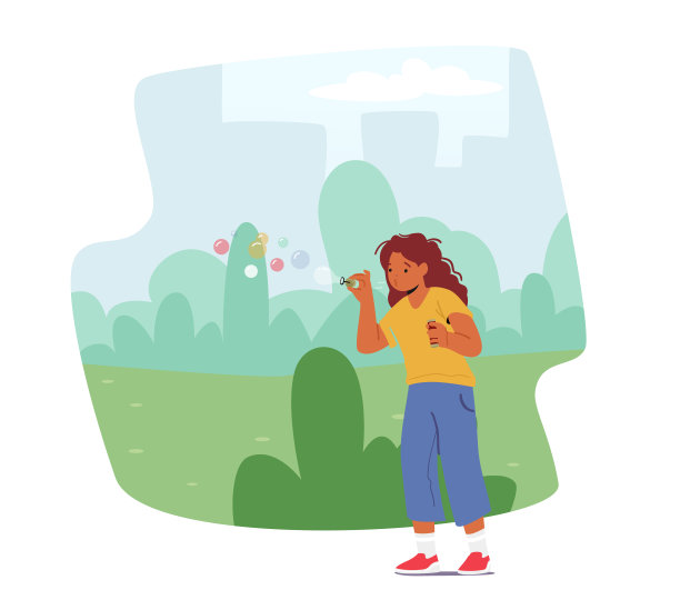 孩子们在暑假或假期的水游戏。小女孩在城市公园吹肥皂泡。孩子在街上玩耍图片下载