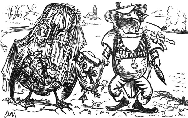 英国讽刺漫画人物插画 - 拟人化的鸭子和青蛙结婚，带着小鸭子图片下载