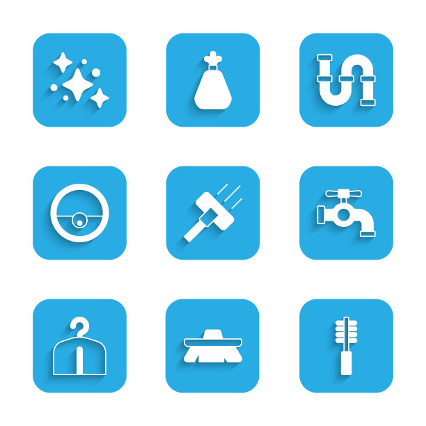 设置吸尘器，清洁刷，马桶刷，水龙头，衣架衣柜，机器人吸尘器，工业金属管和家庭服务图标。向量图片下载