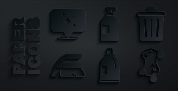 设置清洗剂瓶，垃圾桶，刷子，海绵，洗碗液瓶和家庭服务图标。向量图片下载