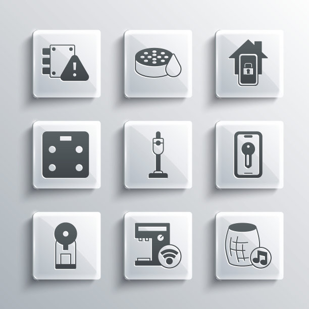 设置智能咖啡机，语音助手，钥匙，吸尘器，浴室磅秤，房屋保护和移动智能家居图标。向量图片下载
