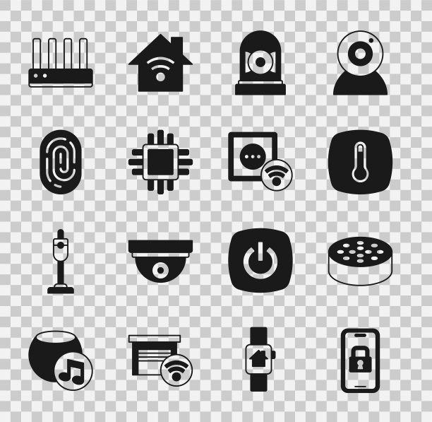 设置数字门锁，水浸传感器，恒温器，铃声，CPU处理器，指纹，路由器和wi-fi信号和智能插座图标。向量图片下载