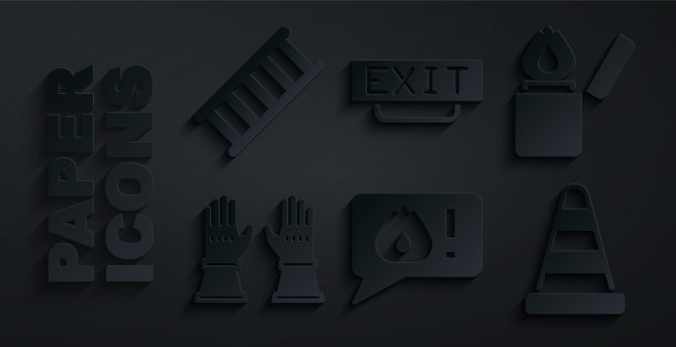 设置电话911，打火机，消防手套，交通锥，出口和逃生图标。向量图片下载