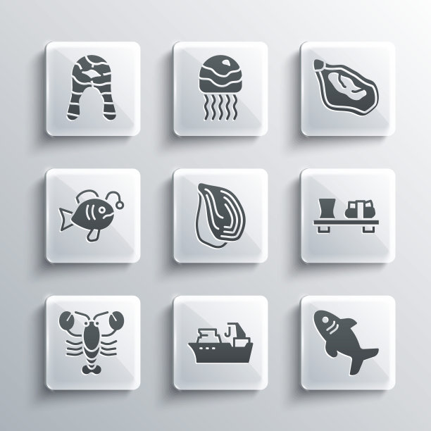 将渔船，鲨鱼，寿司放在砧板上，贻贝，龙虾，热带鱼，牛排和图标。向量图片下载