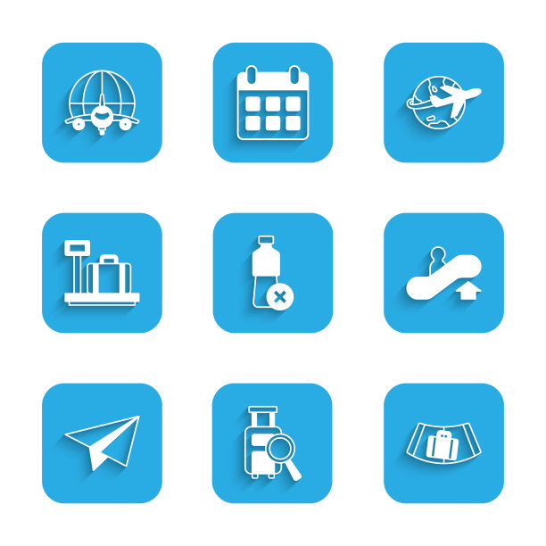 设置没有水瓶，丢失的行李，带手提箱的传送带，自动扶梯，纸飞机，天平，地球仪飞行和图标。向量图片下载
