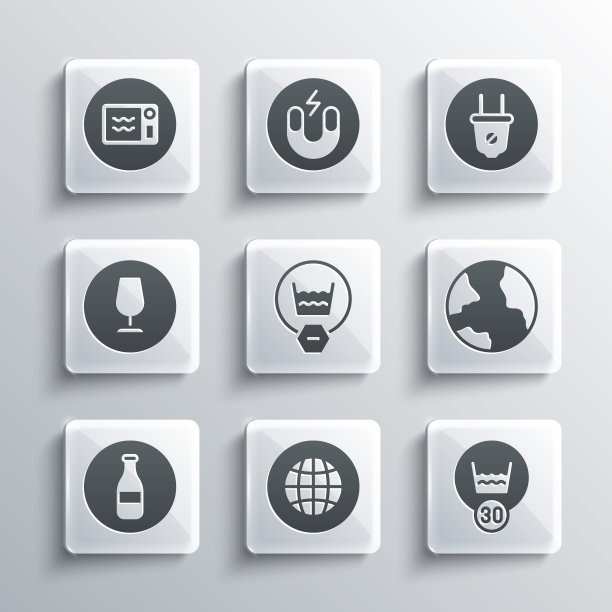 设置社交网络，温度洗涤，全球，精致，瓶子，易碎玻璃，微波炉和电插头图标。向量图片下载