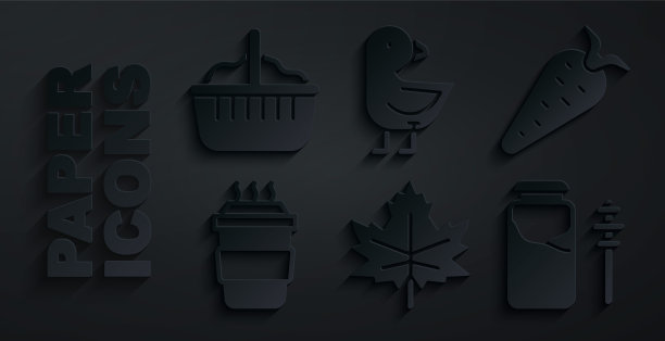 设置树叶，胡萝卜，咖啡杯，蜂蜜罐和勺子棒，小鸡和篮子图标。向量图片下载